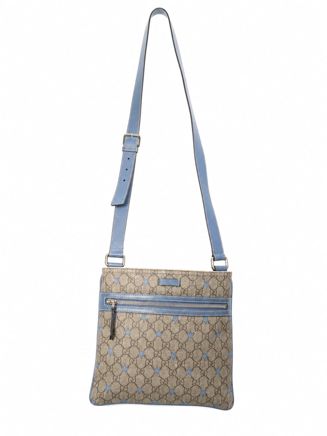 Gucci GG Supreme Canvas Stars Crossbody Messenger Bag Handbag Purse Blue Leather