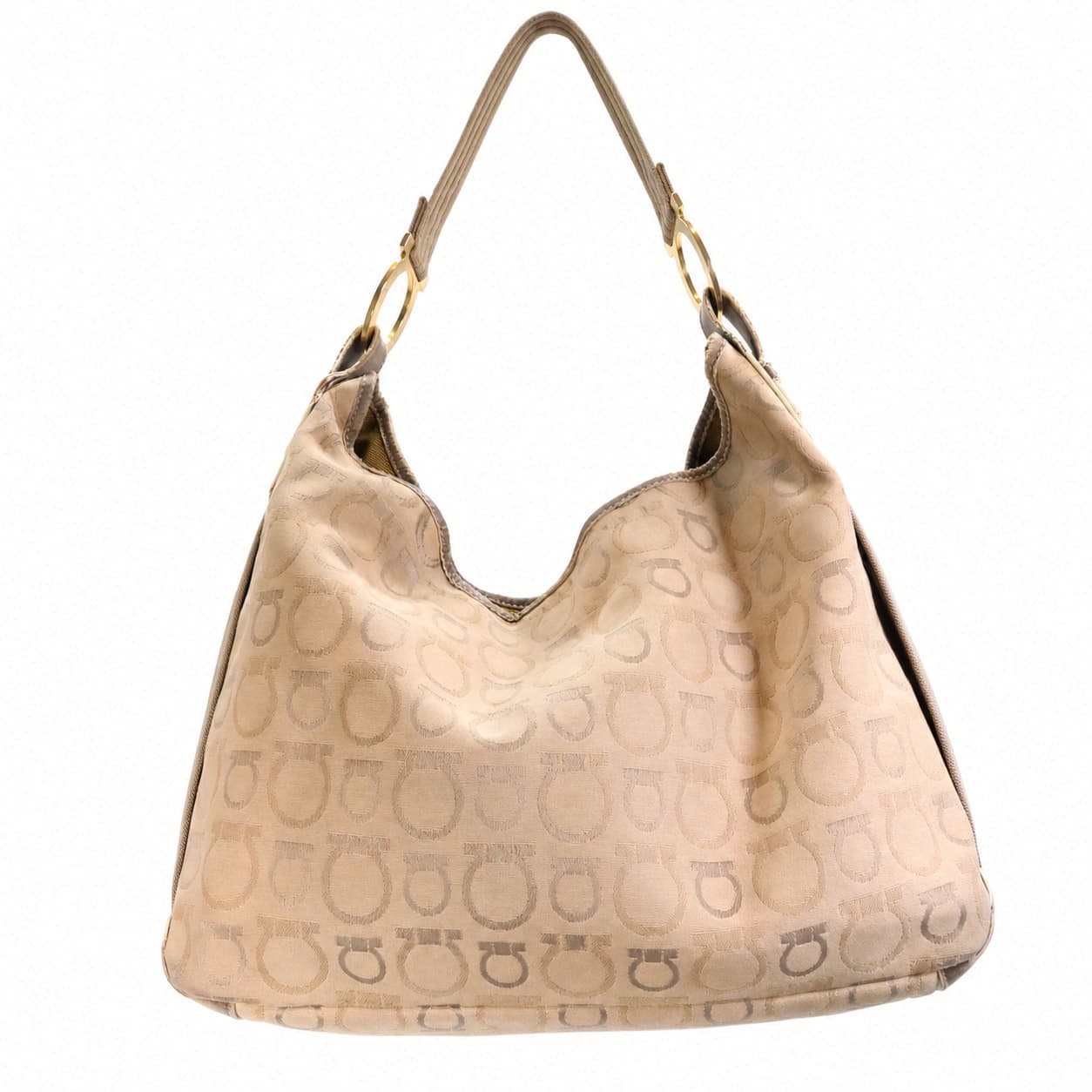Salvatore Ferragamo Gancini Canvas Leather Hobo Shoulder Bag Handbag Purse Beige