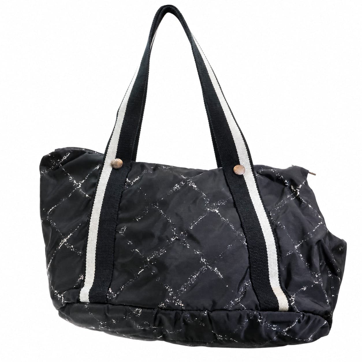 Chanel Black Quilted Nylon Duffel Duffle Shoulder Bag Handbag Striped Strap