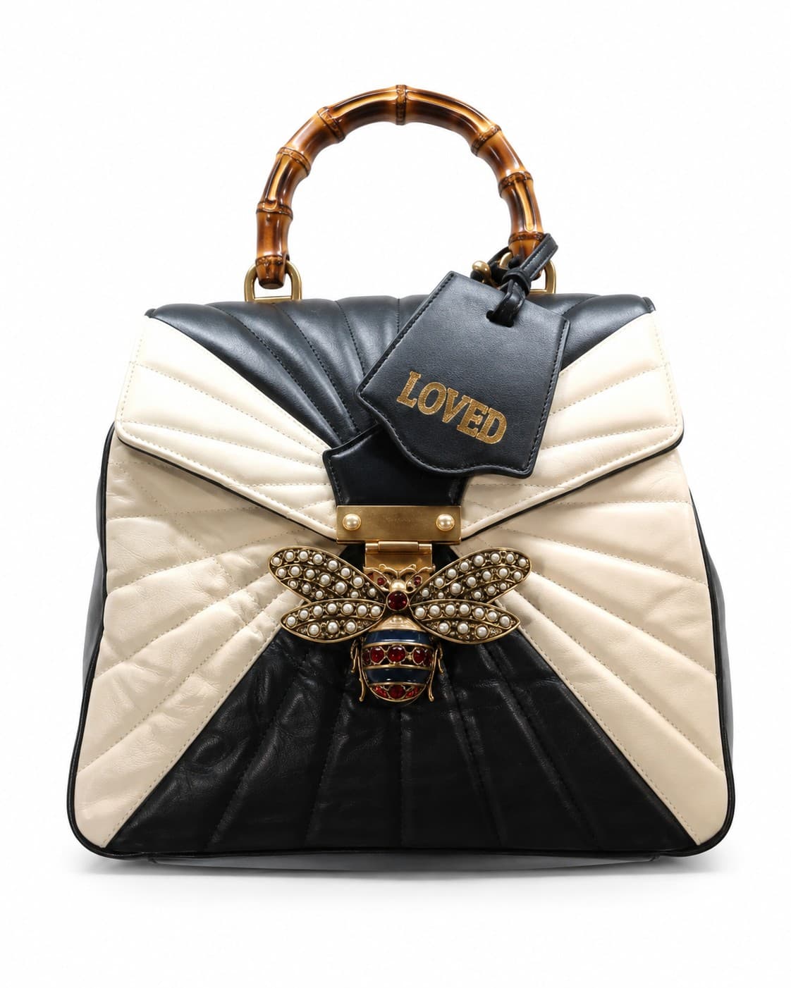 GUCCI Bamboo Trapuntata Queen Margaret Top Handle Bag Backpack Black And White Leather Purse