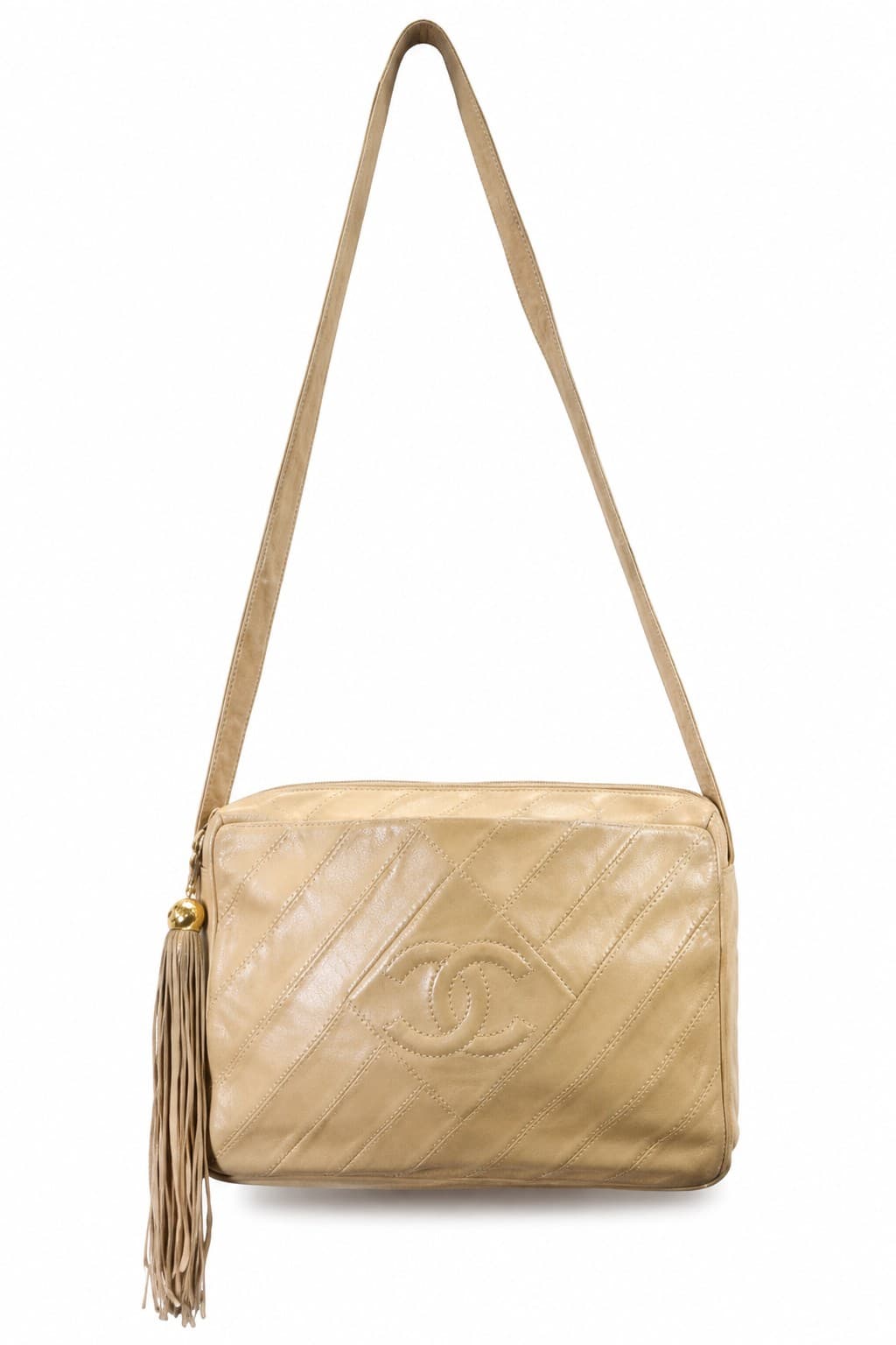 Chanel Interlocking C Beige Lambskin Diagonal Stitch CC Tassel Purse Crossbody Bag