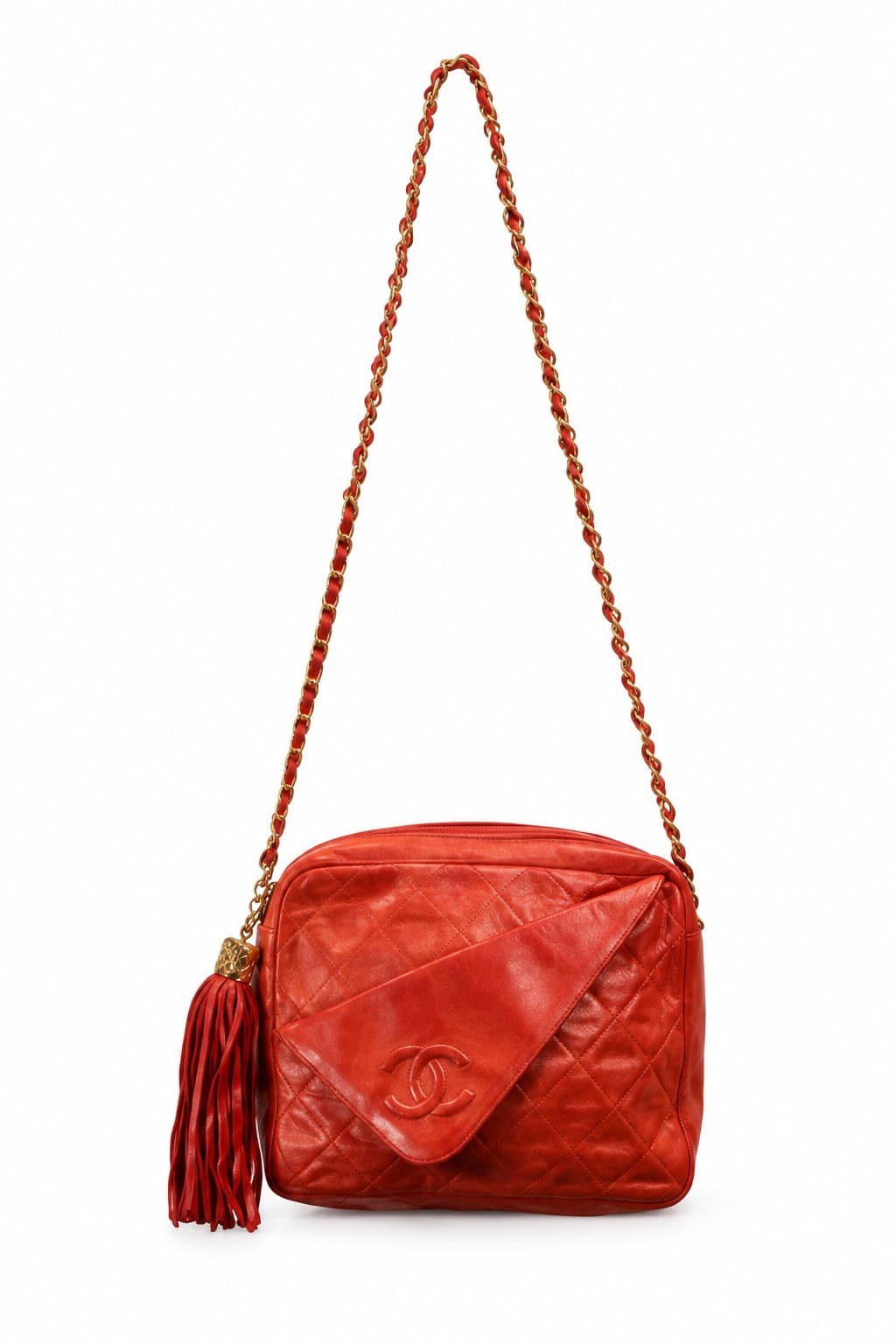CHANEL Matelasse Lamb-Skin Gold Plate Chain Red Shoulder Bag Crossbody Purse Interlocking C