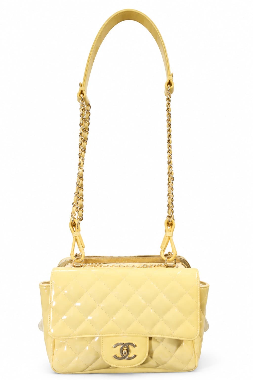 Rare Chanel Double-Bag Quilted Yellow And White Lace Clasp Bag Shoulder Bag Purse With Interlocking C