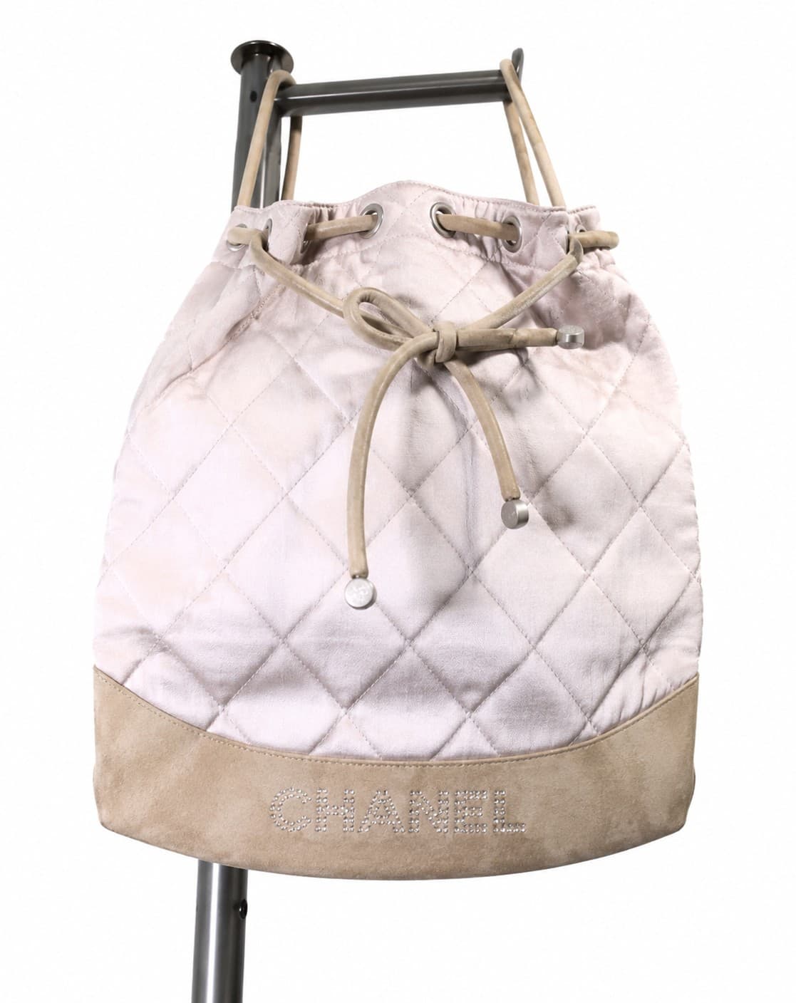 Chanel Pink Blush Quilted Silk Crystal Logo Drawstring Backpack Purse Handbag Bag