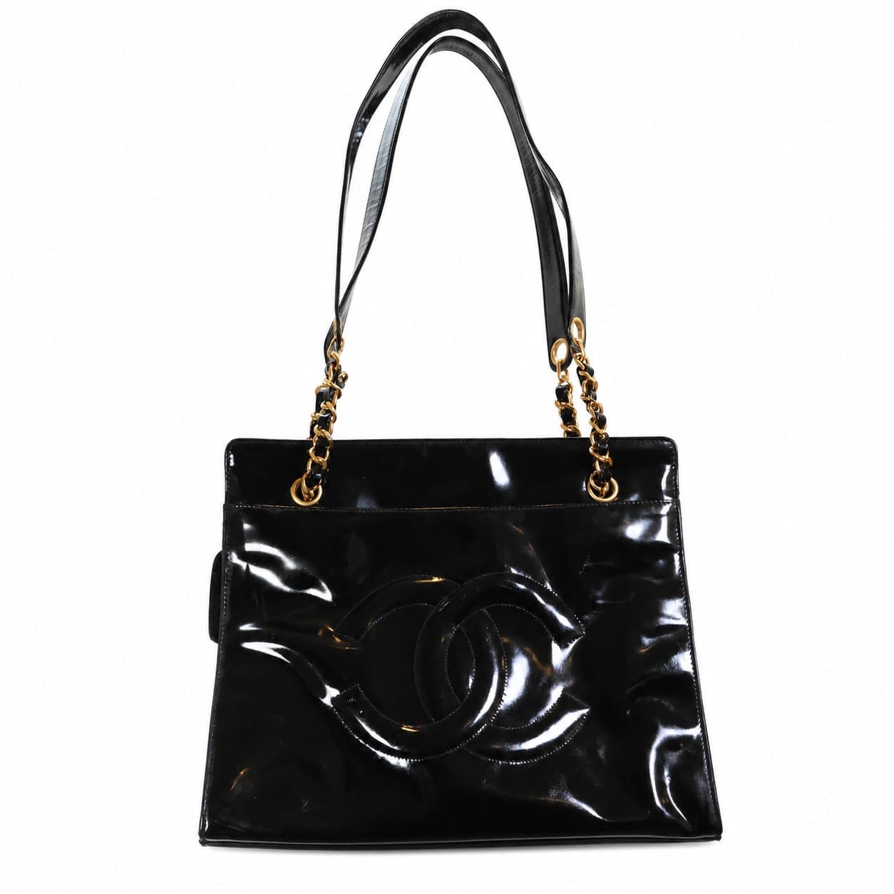 Chanel Black Patent Leather CC Logo Tote Shoulder Bag Handbag Purse