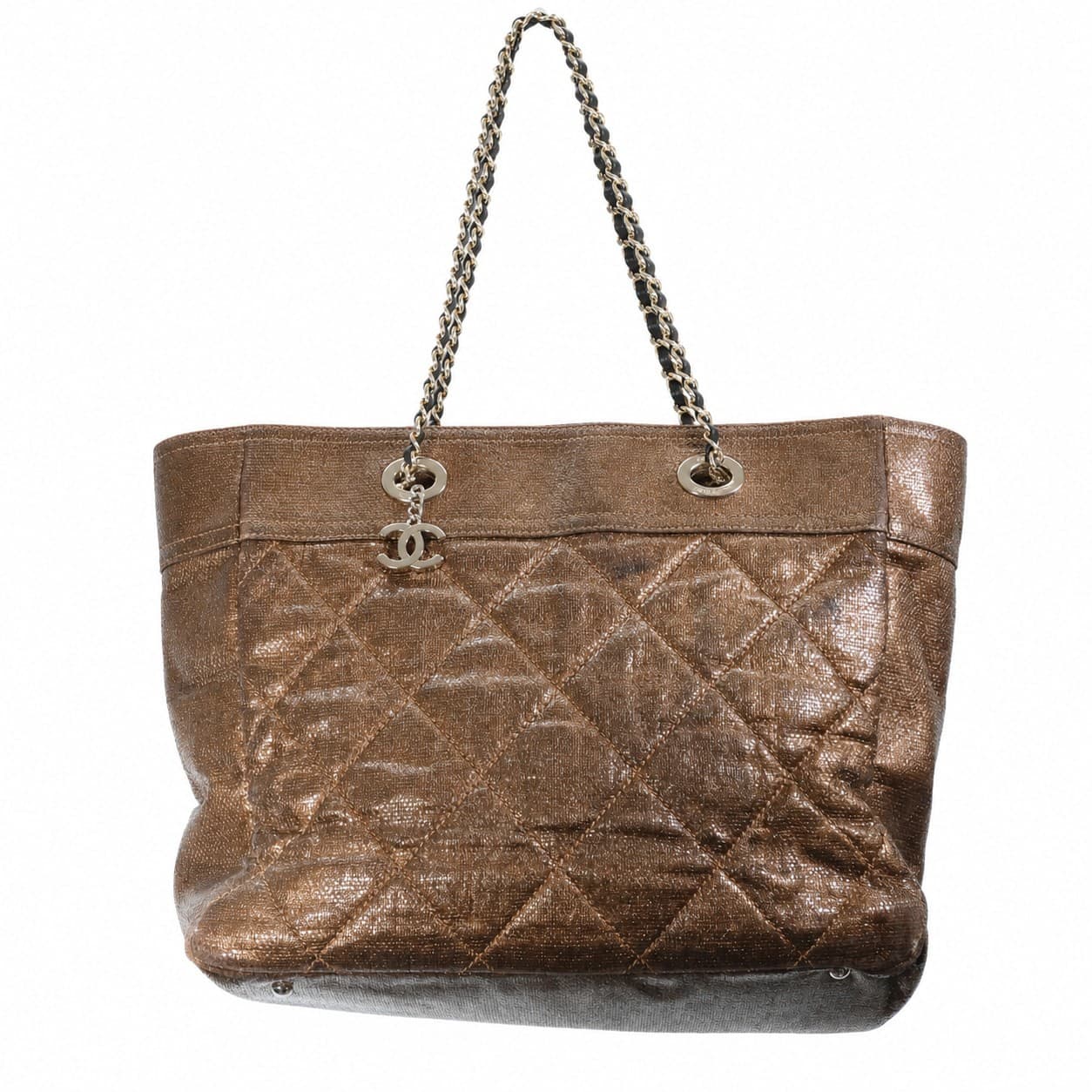 Chanel Bronze Metallic Quilted Perforated Leather Tote Shoulder Bag Handbag Purse