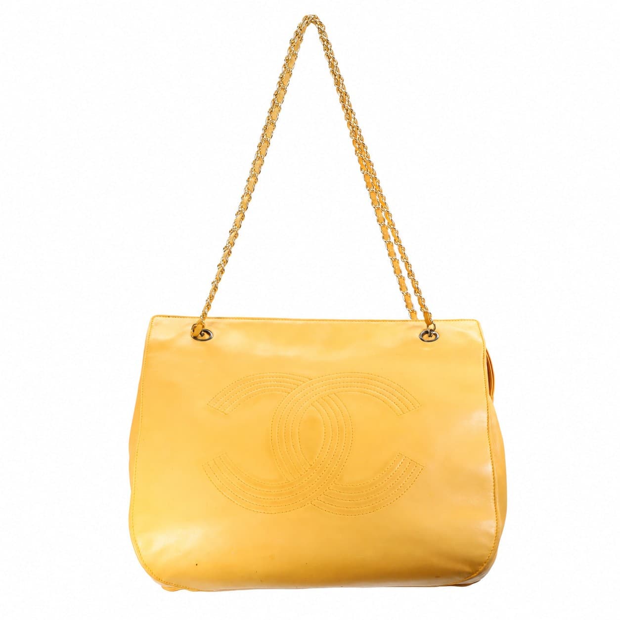 Chanel Yellow Lambskin Leather CC Logo Shoulder Bag Handbag Purse Chain Strap