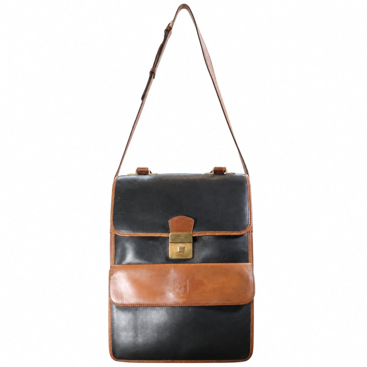 Céline Black Tan Leather Triomphe Shoulder Bag Crossbody Handbag Purse