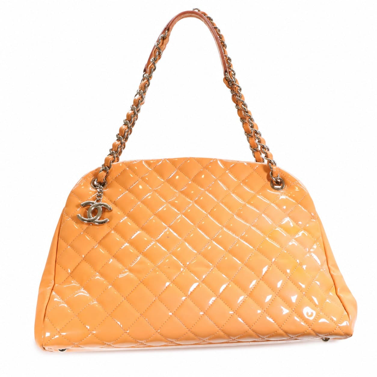 Chanel Just Mademoiselle Patent Leather Quilted Shoulder Bag Handbag Orange