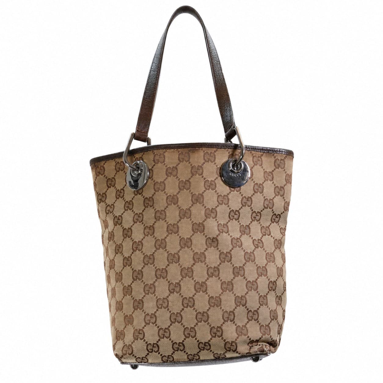 Gucci GG Canvas Brown Leather Trim Tote Bag Handbag Purse Shoulder Bag Beige