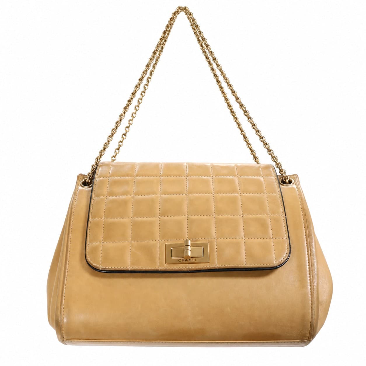 Chanel Mademoiselle Lock Quilted Leather Shoulder Bag Handbag Purse Beige Gold