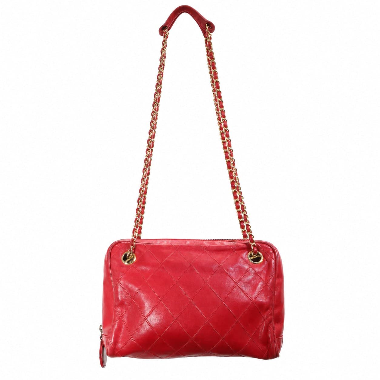 Chanel Quilted Red Leather Camera Shoulder Bag Crossbody Handbag Purse Gold