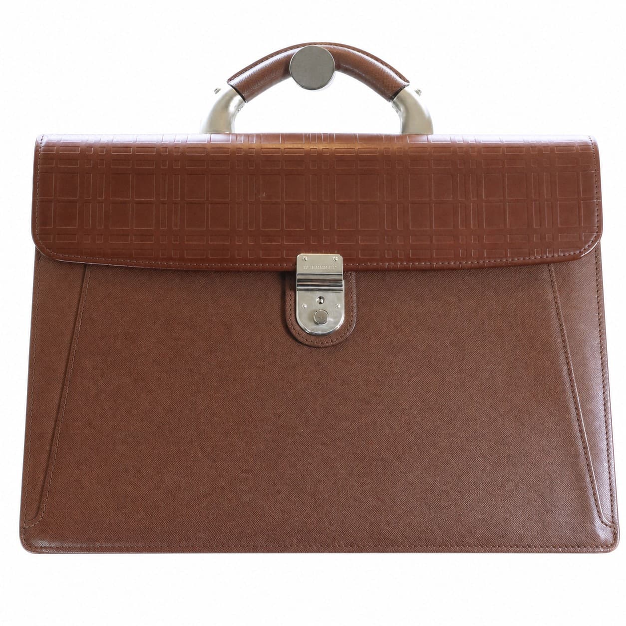Burberry Tan Brown Leather Top Handle Handbag Purse Bag Embossed Check