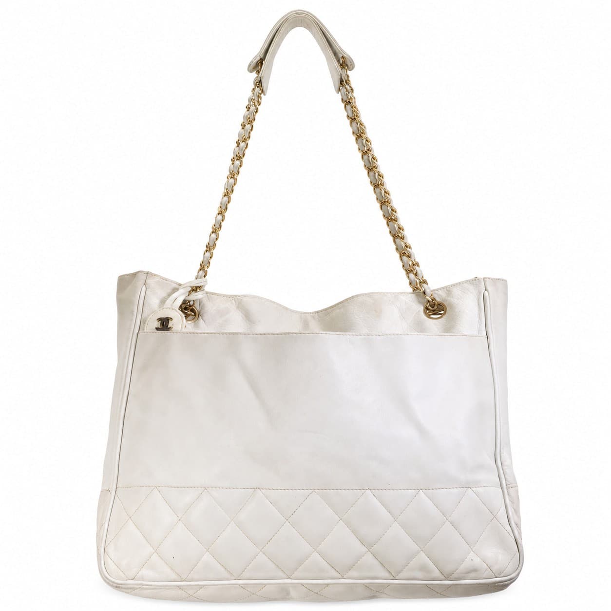 Chanel White Leather Quilted Tote Shoulder Bag Handbag Purse Gold Chain