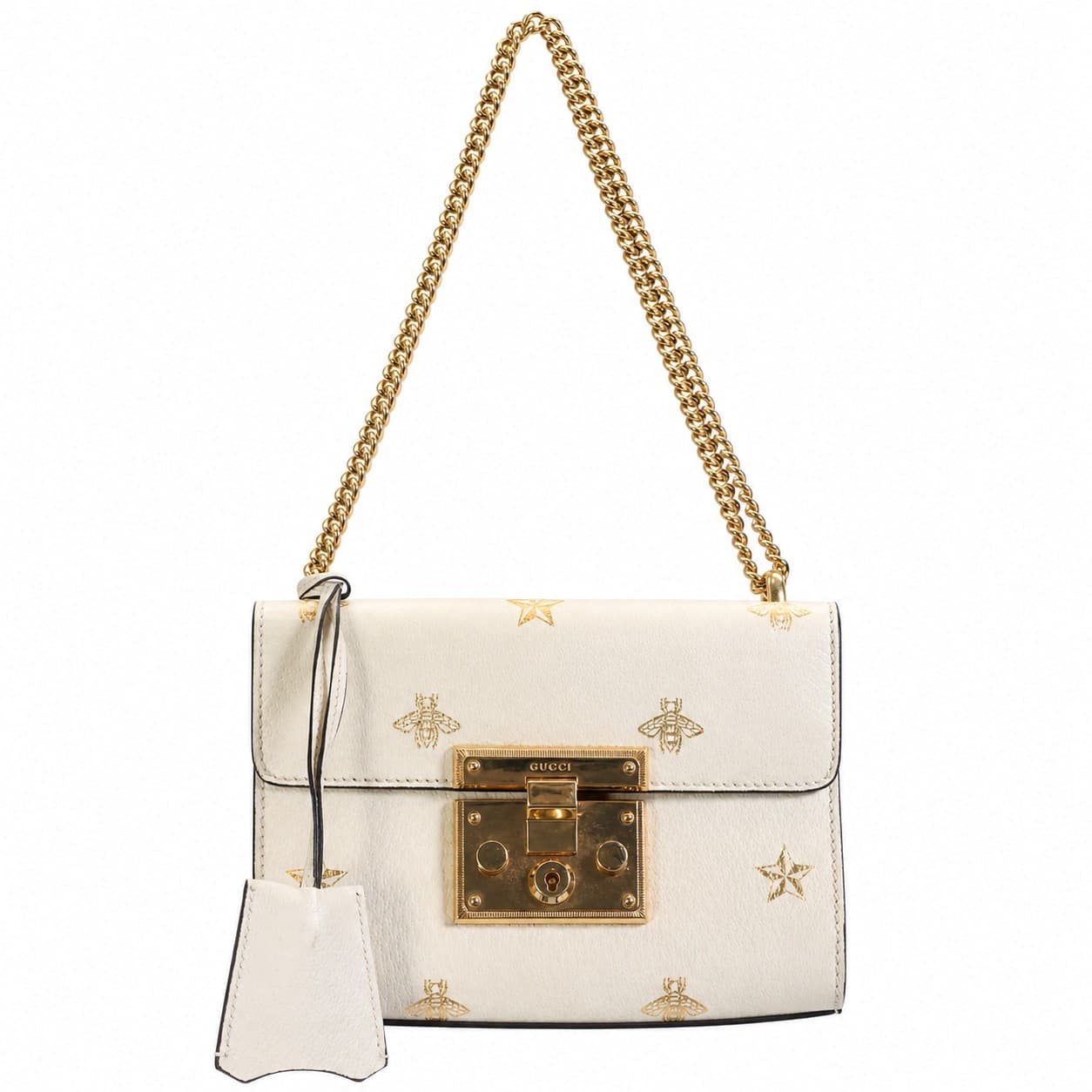 Gucci Padlock Bee Star Leather Shoulder Bag Crossbody Handbag Purse White Ivory