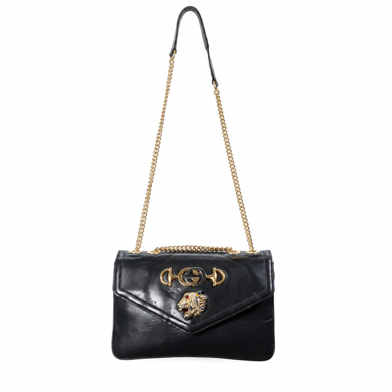 Gucci Rajah Black Leather Medium Shoulder Bag Crossbody Purse Handbag