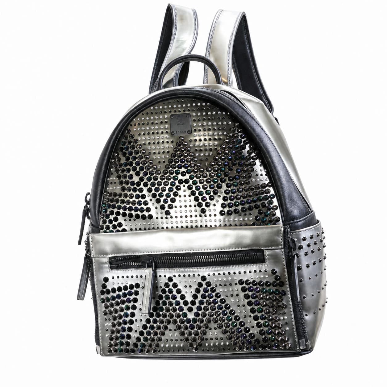MCM Studded Crystal Silver Metallic Leather Backpack Bag Handbag Purse