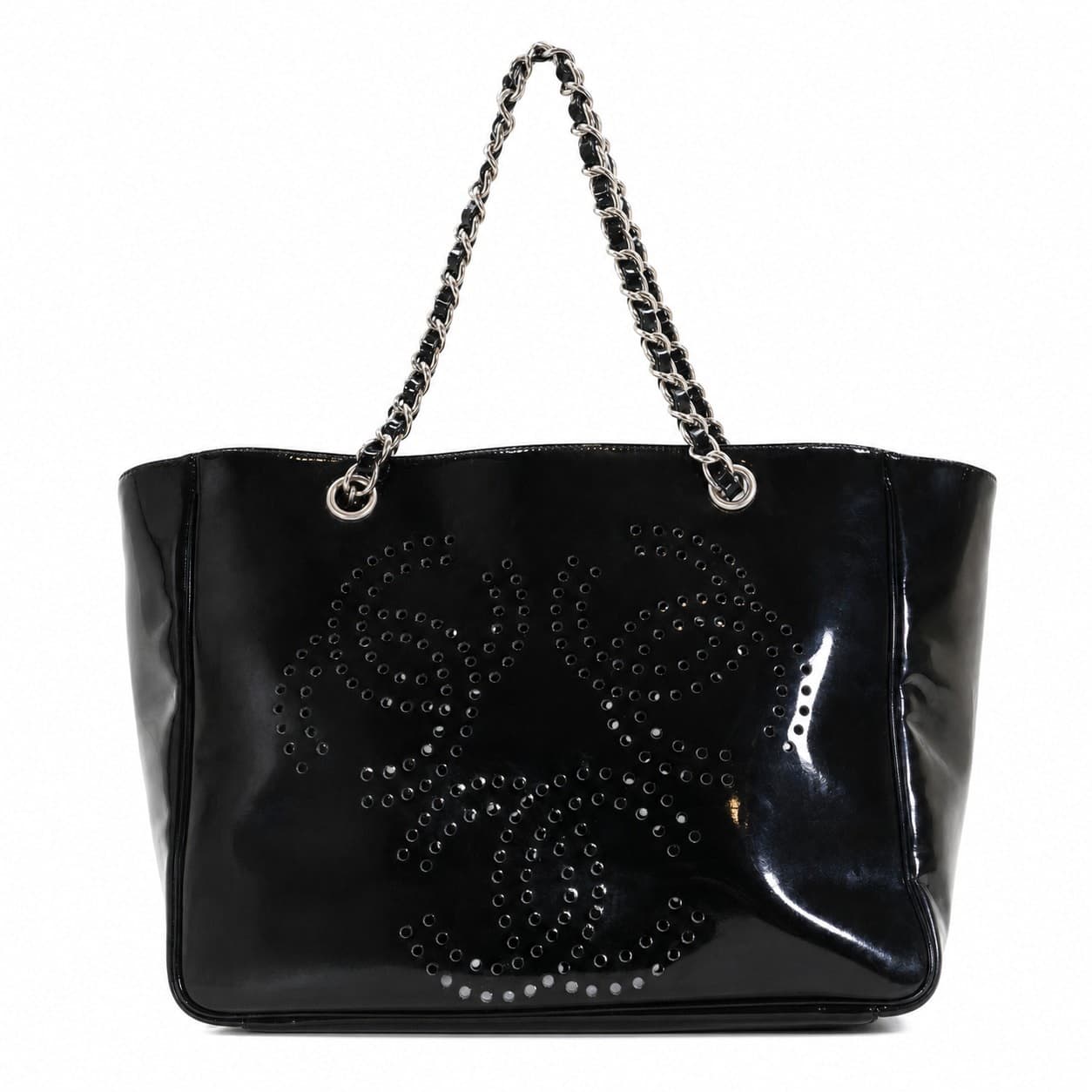 Chanel Perforated CC Logo Patent Leather Black Tote Handbag Purse Shoulder Bag