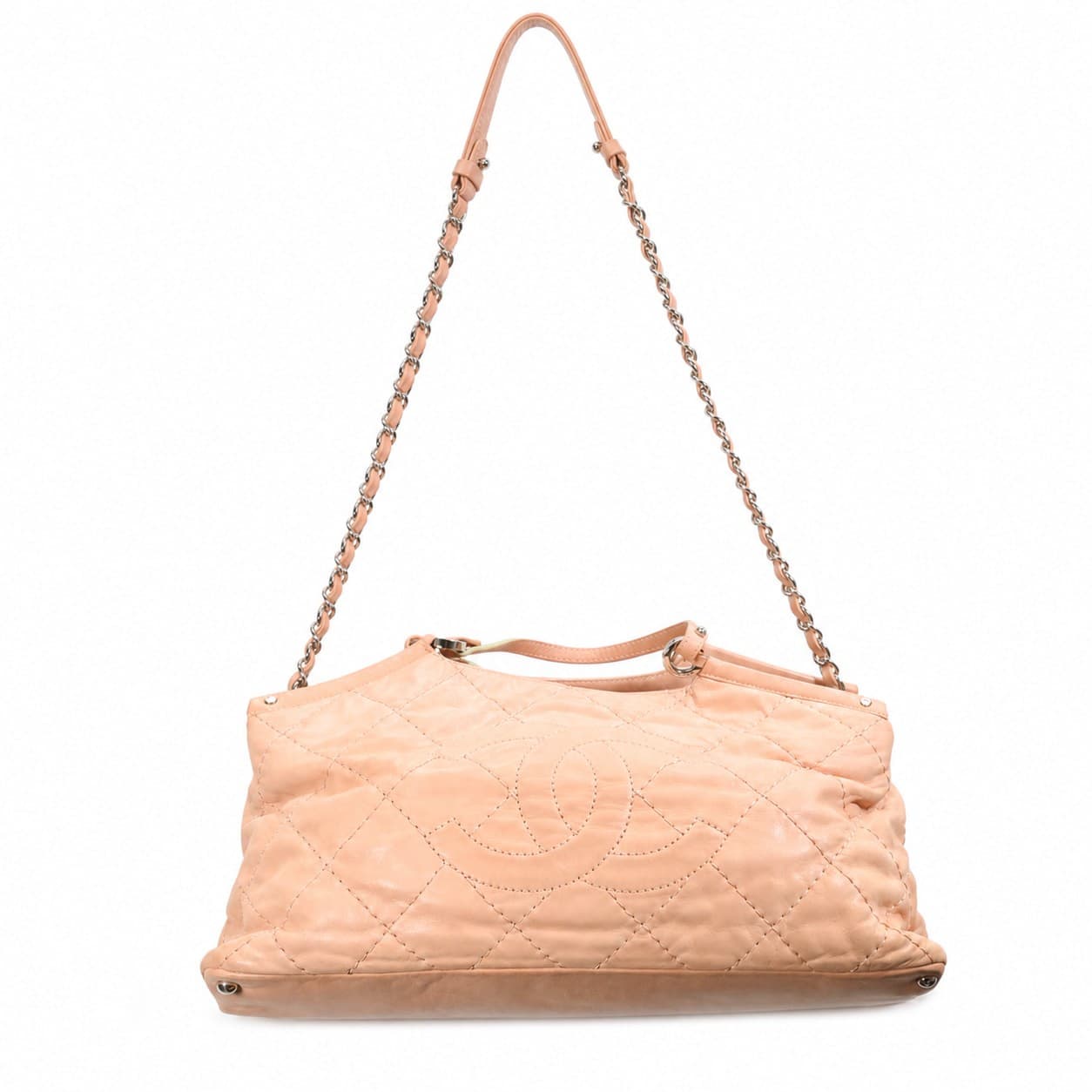Chanel Quilted Leather Bowling Bag Shoulder Bag Handbag Purse Pink