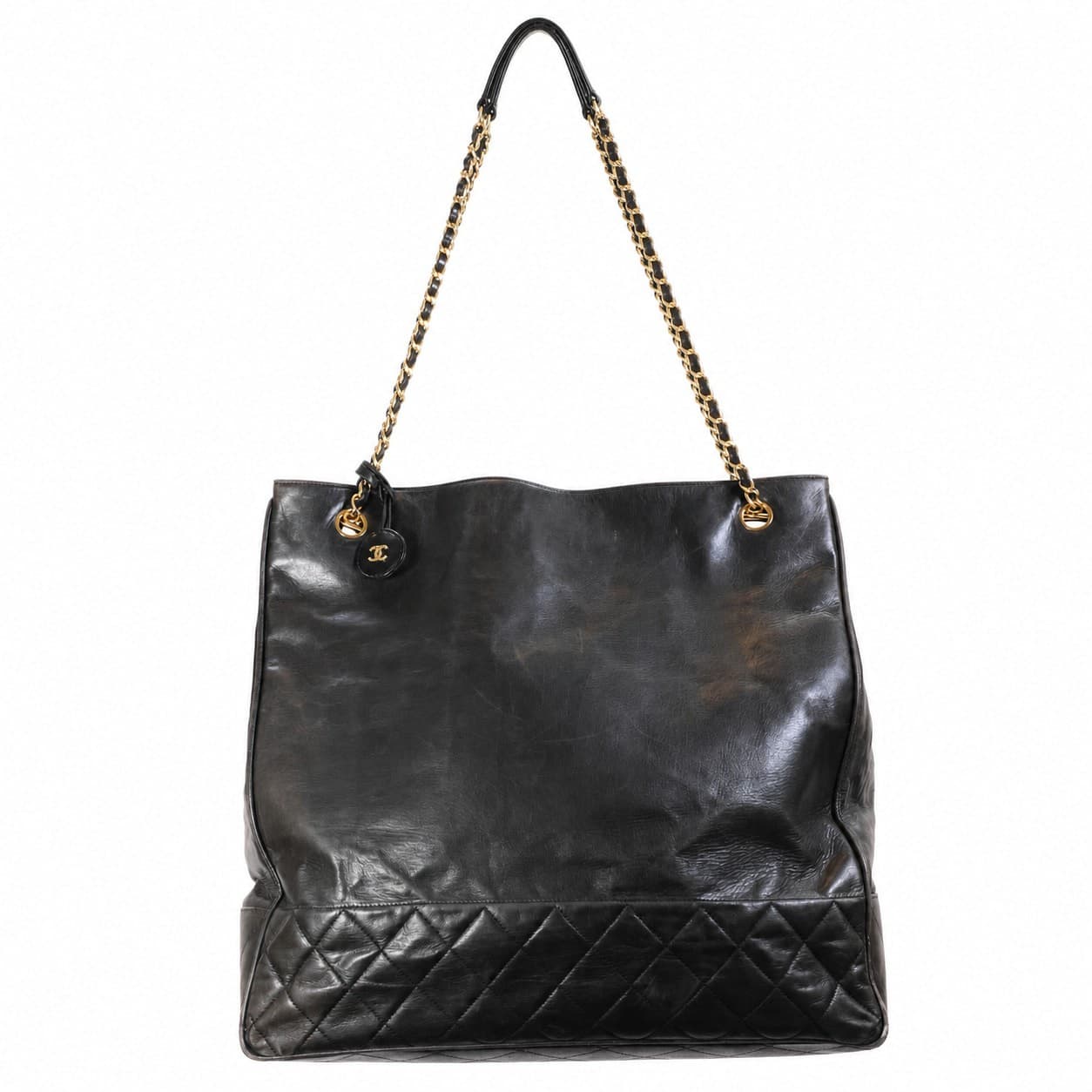 Chanel Black Leather Quilted Shoulder Tote Bag Handbag Purse Gold Chain