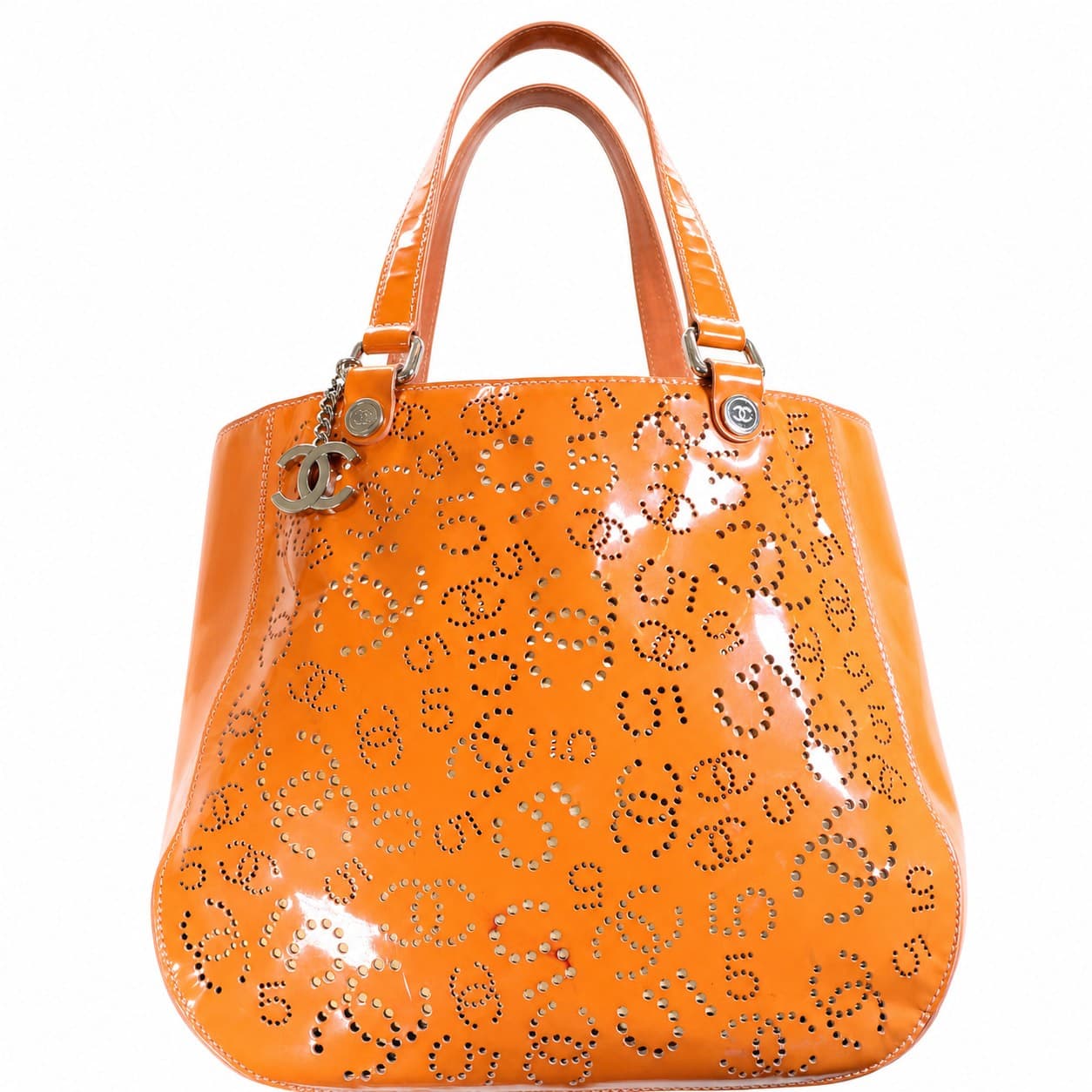 Chanel Orange Patent Leather Perforated CC Tote Handbag Purse Bag Shoulder Bag