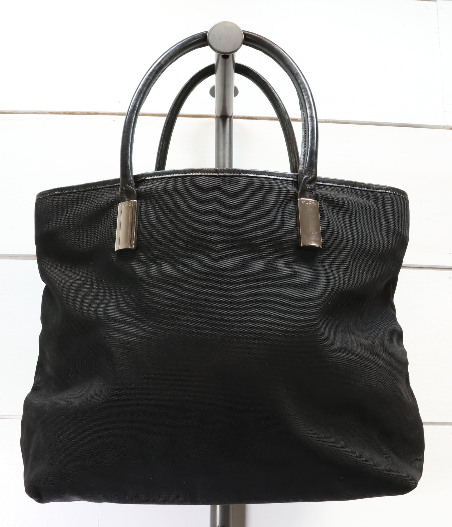 Gucci Tote Black Nylon Silver Hardware Leather Trim Leather Handles Jacquard Lining