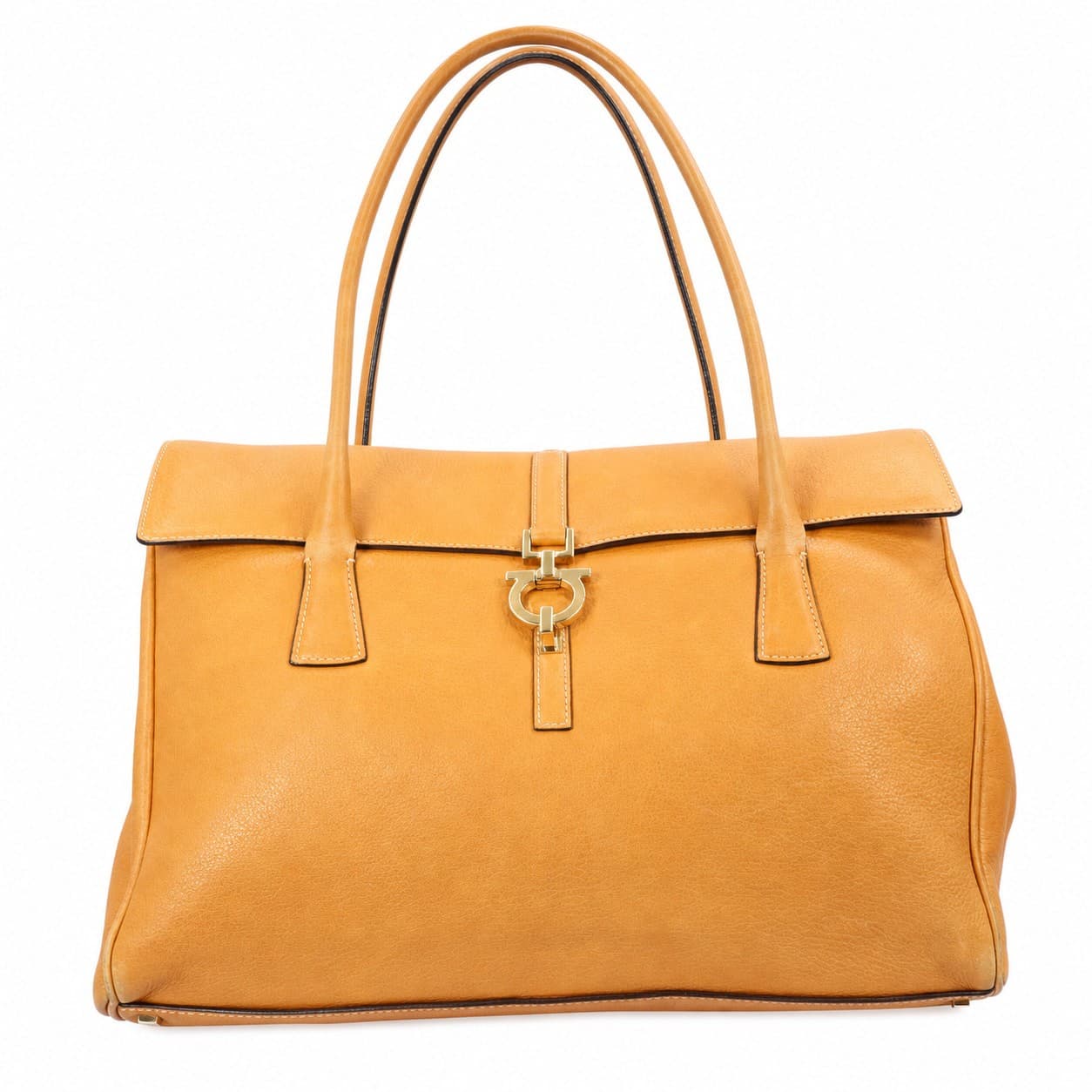 Salvatore Ferragamo Gancini Leather Satchel Handbag Purse Bag Tan Top Handle