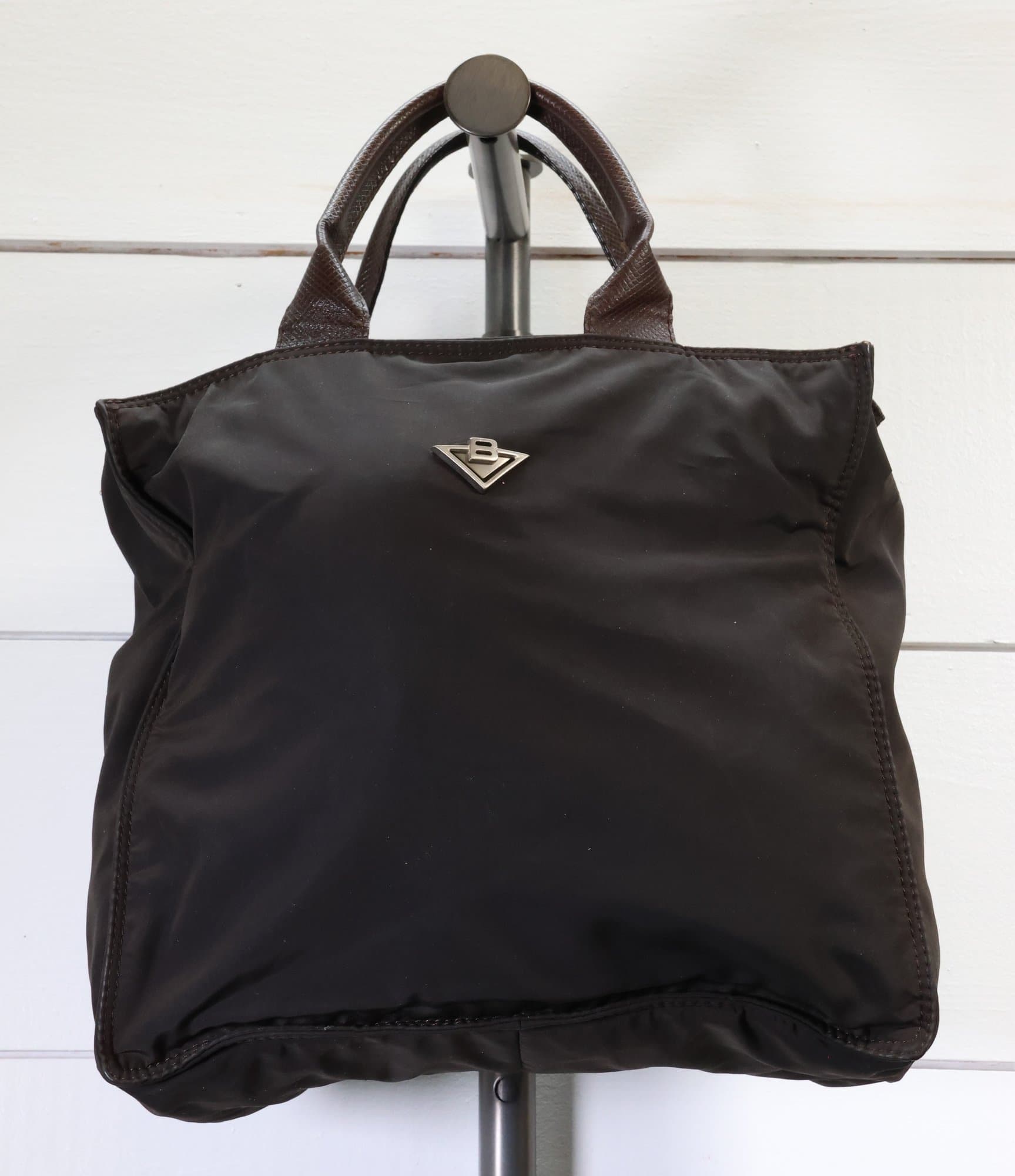 Bottega Veneta Nylon Leather Tote Handbag Purse Bag Black Brown Triangle Logo
