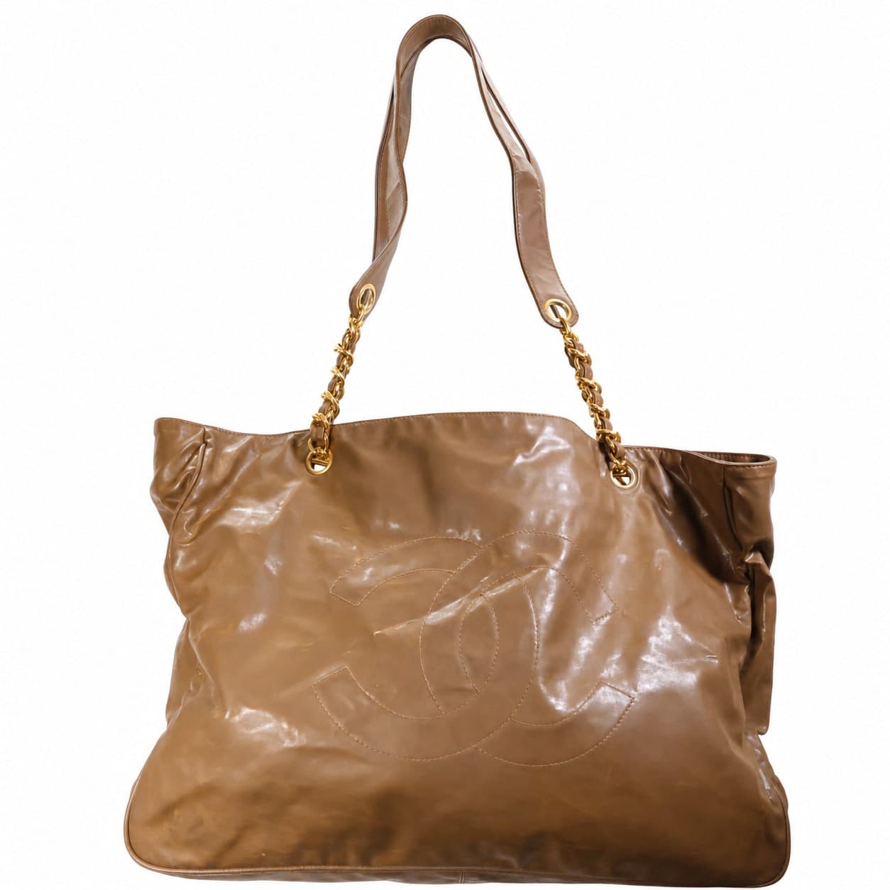 Chanel Brown Leather CC Logo Shoulder Tote Bag Handbag Purse Chain Strap
