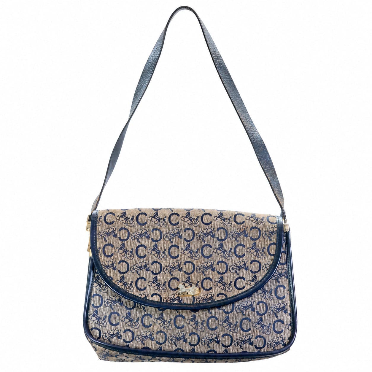 Céline Macadam Monogram Canvas Leather Crossbody Shoulder Bag Handbag Purse Navy
