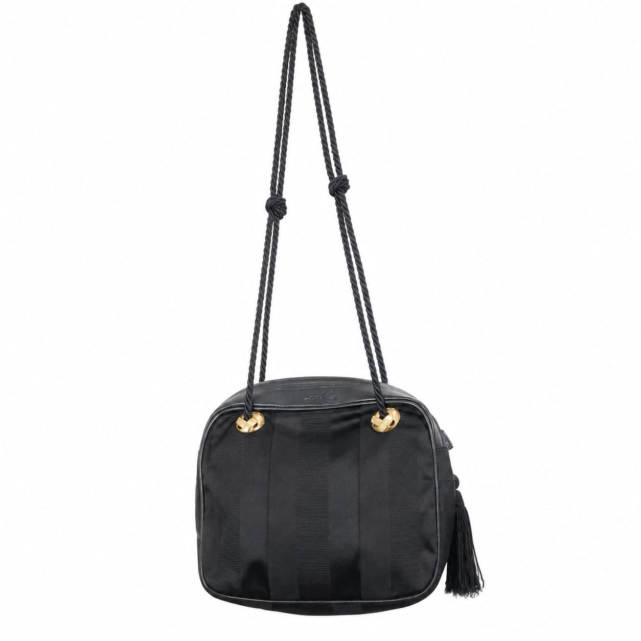 Salvatore Ferragamo Black Ribbed Leather Shoulder Bag Crossbody Handbag Purse Gold Gancini