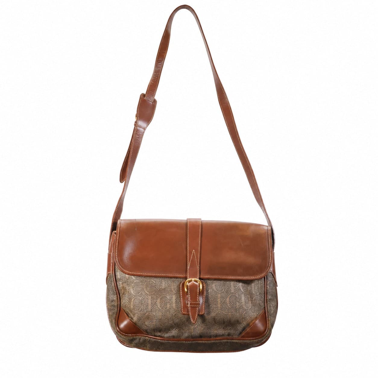 Gucci GG Monogram Canvas Leather Crossbody Shoulder Bag Purse Brown Beige