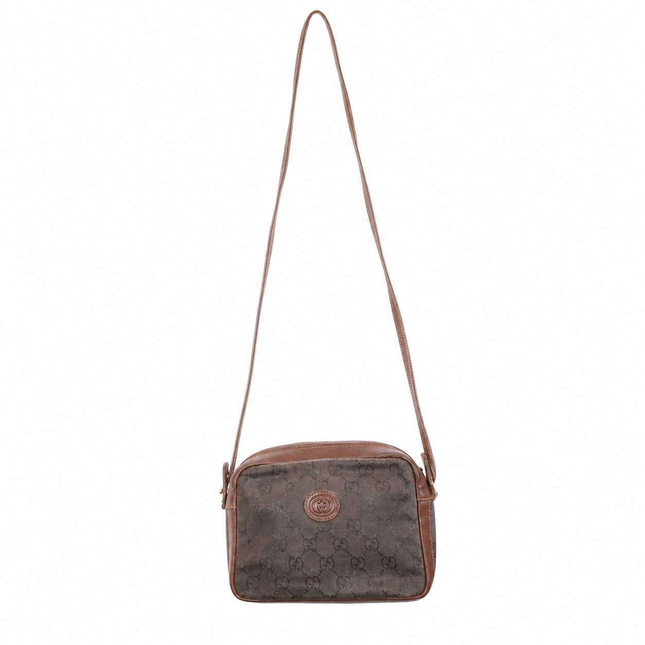 Gucci GG Supreme Canvas Brown Leather Crossbody Camera Bag Shoulder Bag Purse