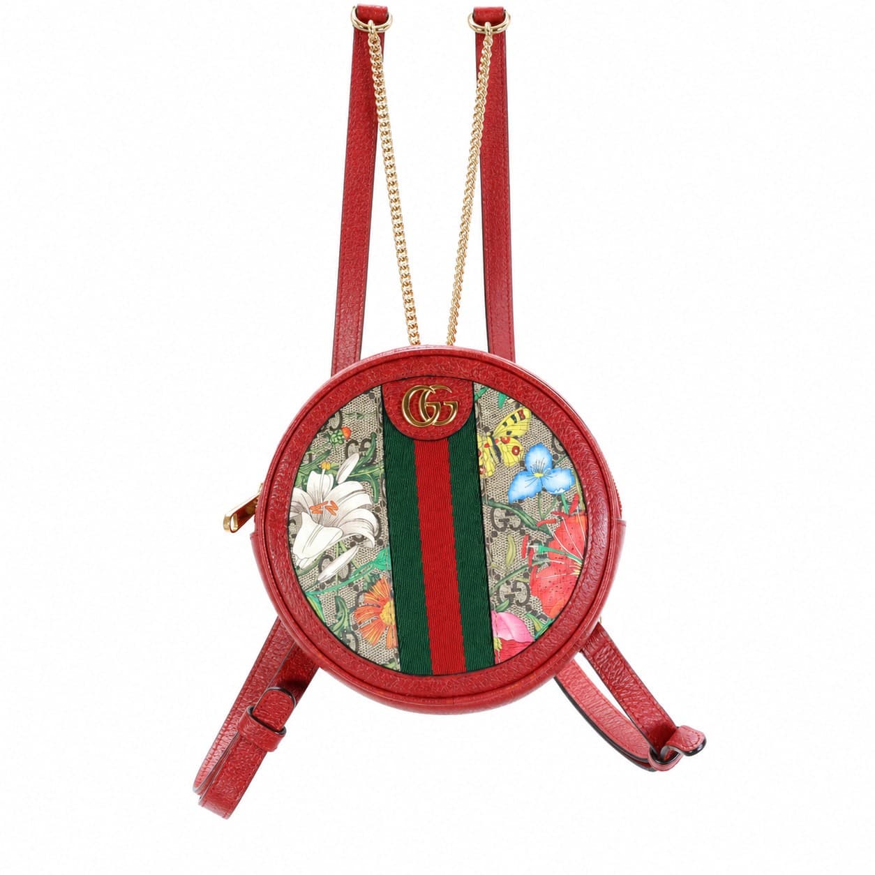 Gucci Ophidia GG Supreme Tian Floral Round Backpack Handbag Purse Red Leather