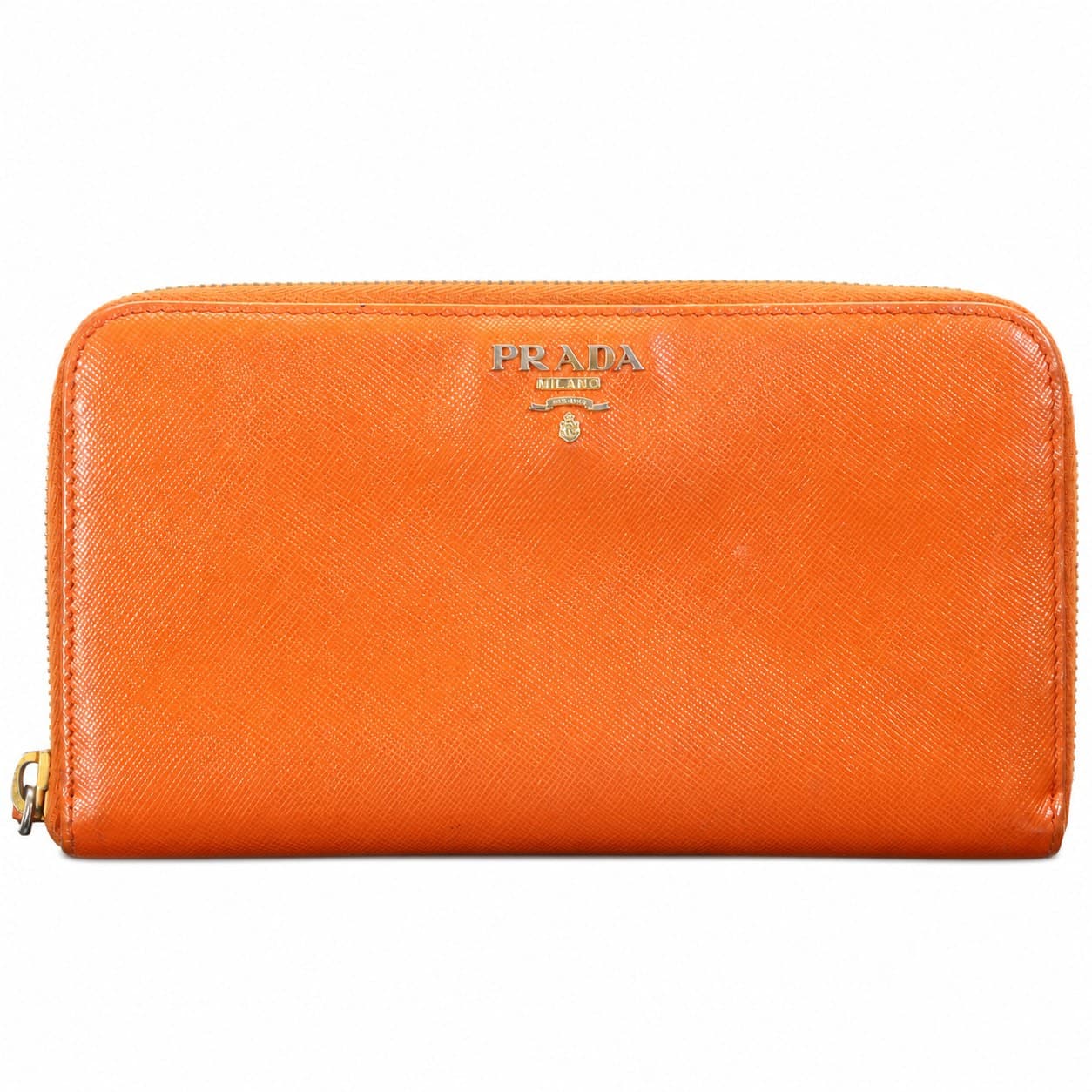 Prada Saffiano Leather Zip Around Wallet Orange