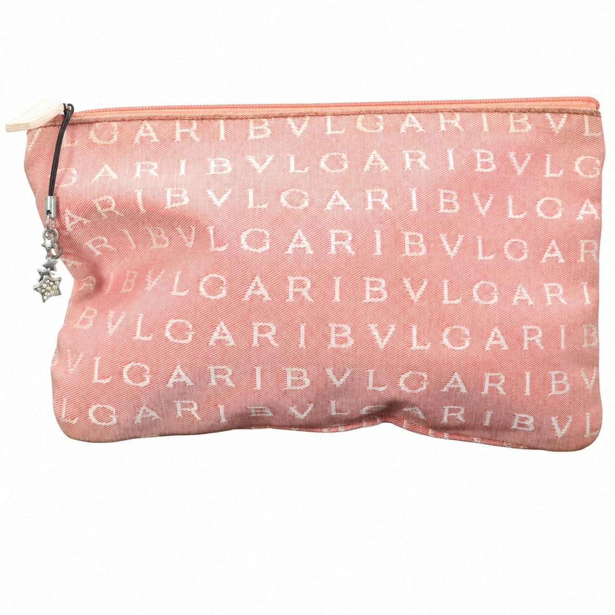 Bulgari Logomania Canvas Cosmetic Pouch Clutch Bag Pink Coral Zip Makeup Case