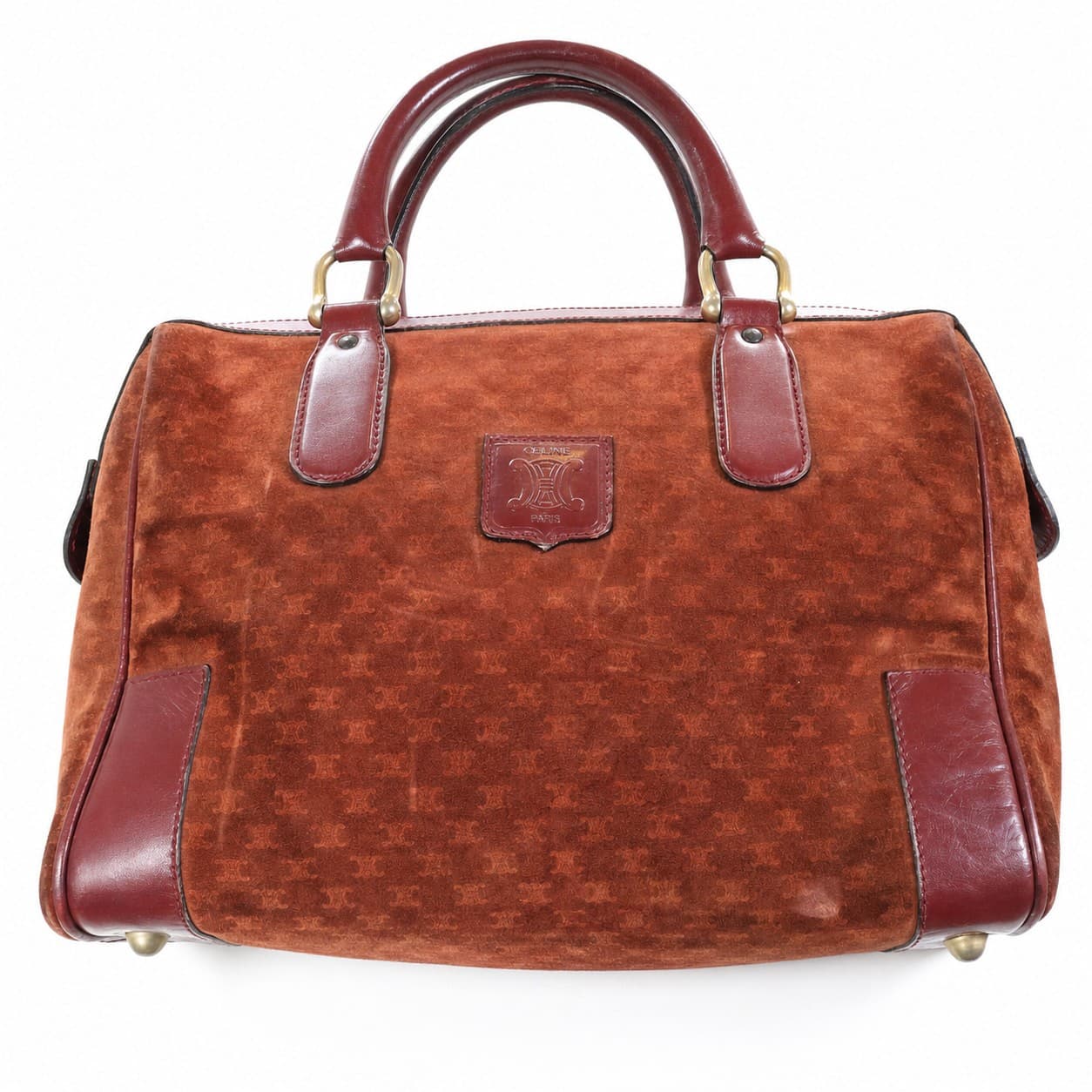 Celine Macadam Suede Leather Bowling Bag Handbag Purse Cognac Burgundy