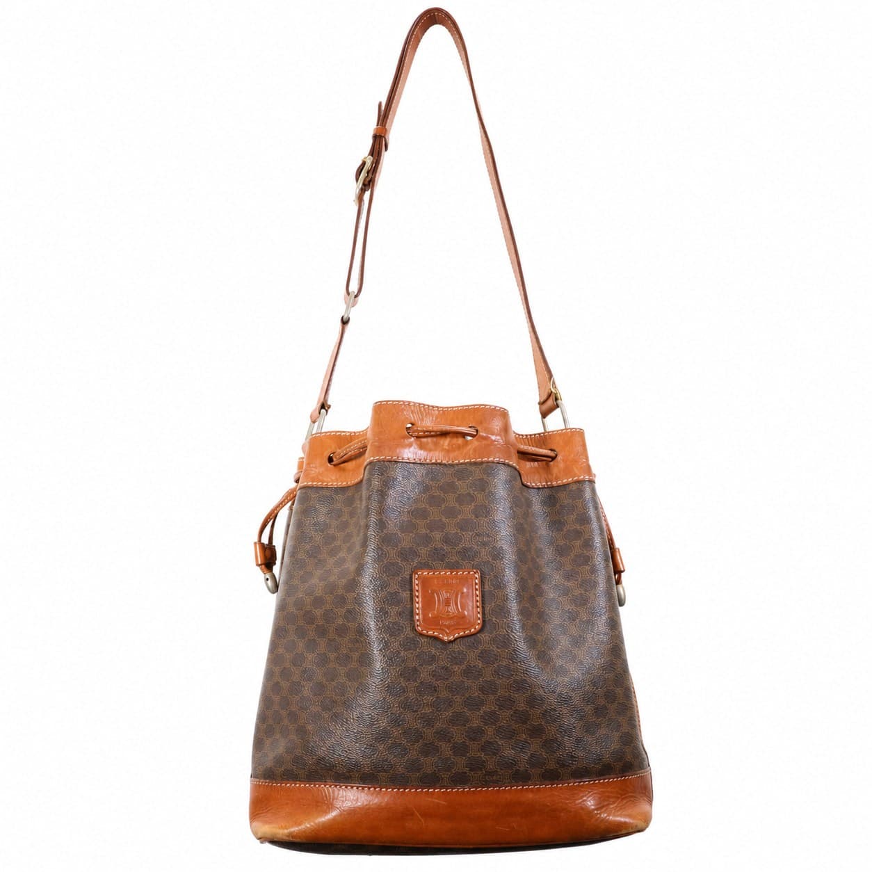 Céline Macadam Drawstring Bucket Bag Shoulder Bag Handbag Purse Brown Coated Canvas Leather