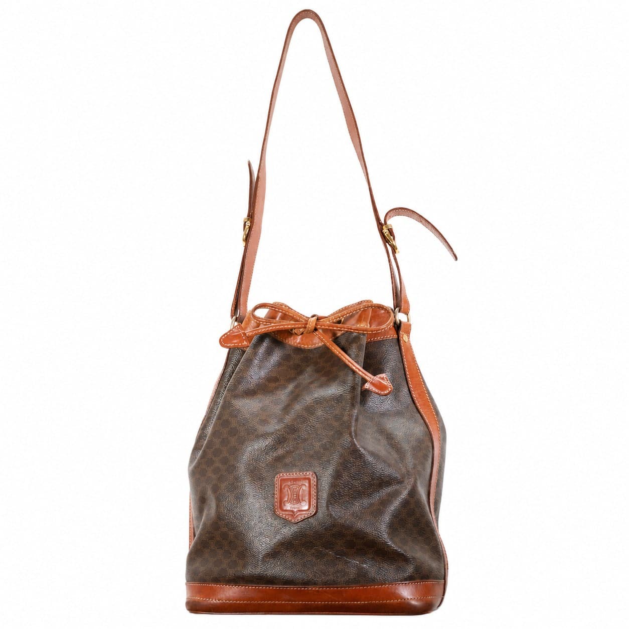 Celine Macadam Drawstring Bucket Shoulder Bag Purse Brown Canvas Leather