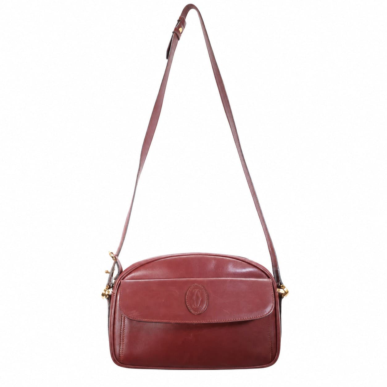 Cartier Must De Cartier Burgundy Leather Crossbody Shoulder Bag Handbag Purse