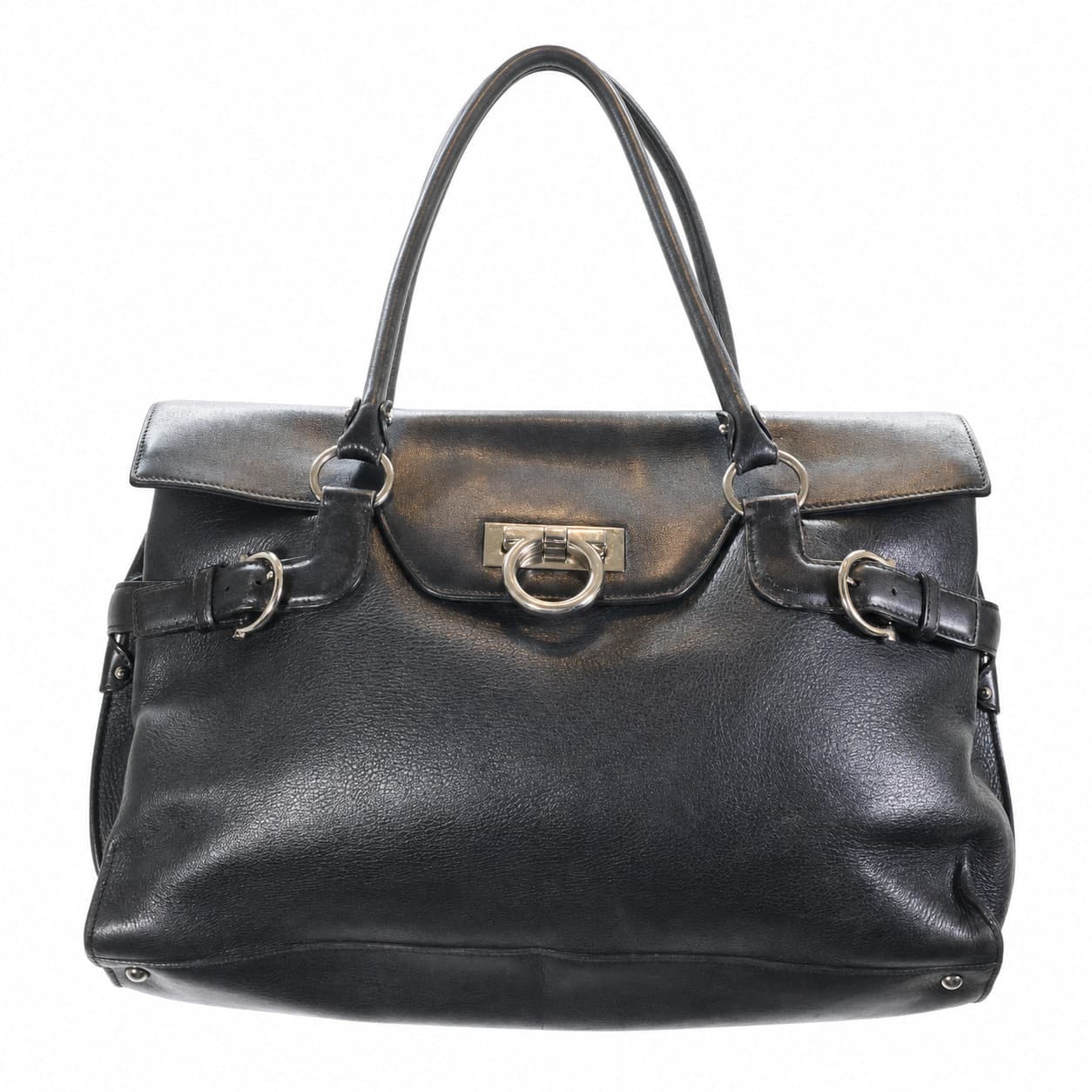Salvatore Ferragamo Gancini Black Leather Satchel Handbag Purse Shoulder Bag handbags auction at Alighieri's