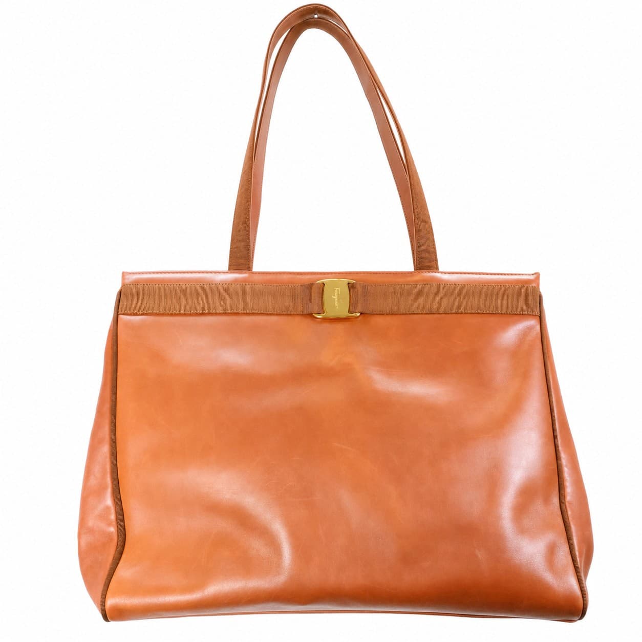 Salvatore Ferragamo Leather Vara Bow Tote Handbag Purse Brown Cognac Shoulder Bag