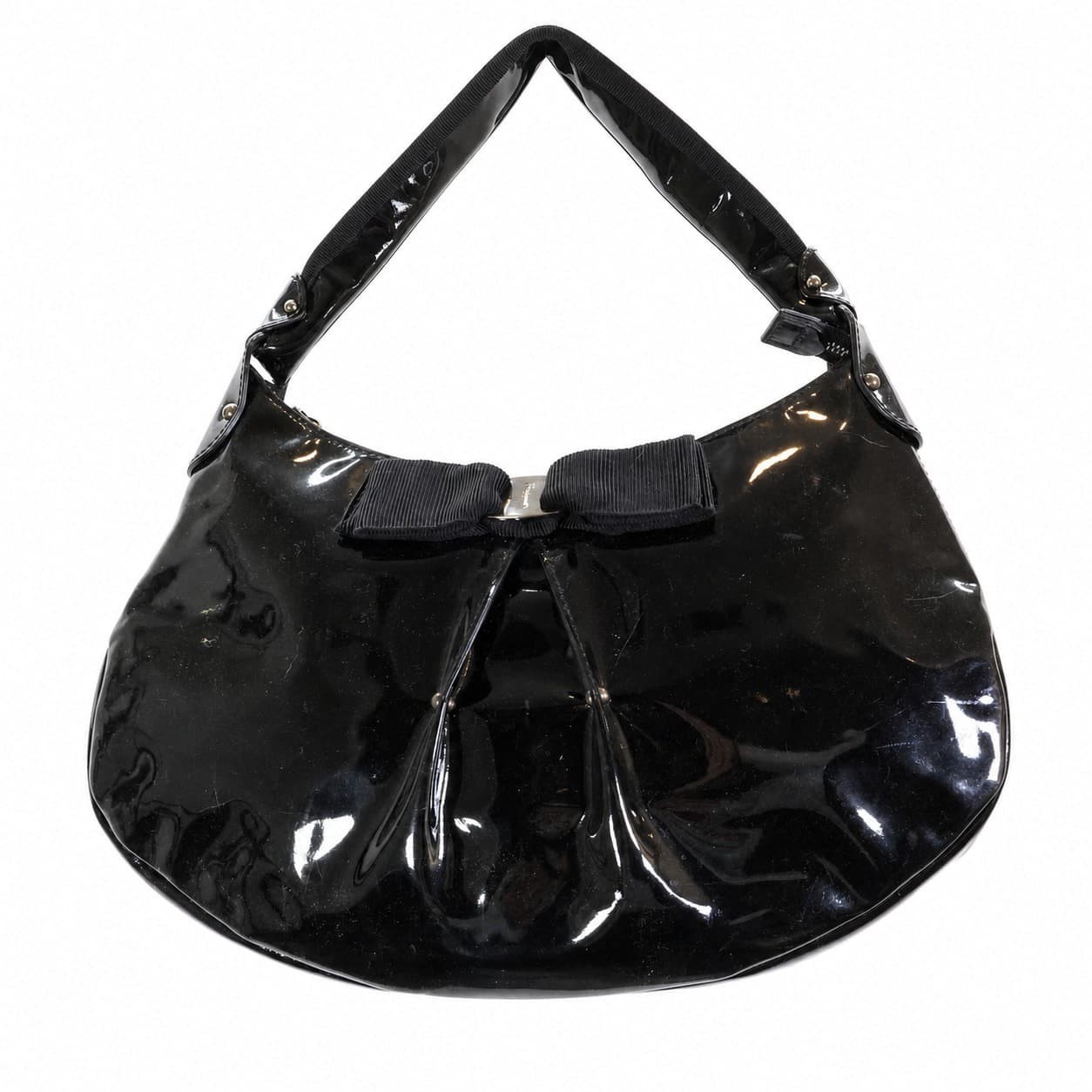 Salvatore Ferragamo Black Patent Leather Bow Hobo Shoulder Bag Handbag Purse