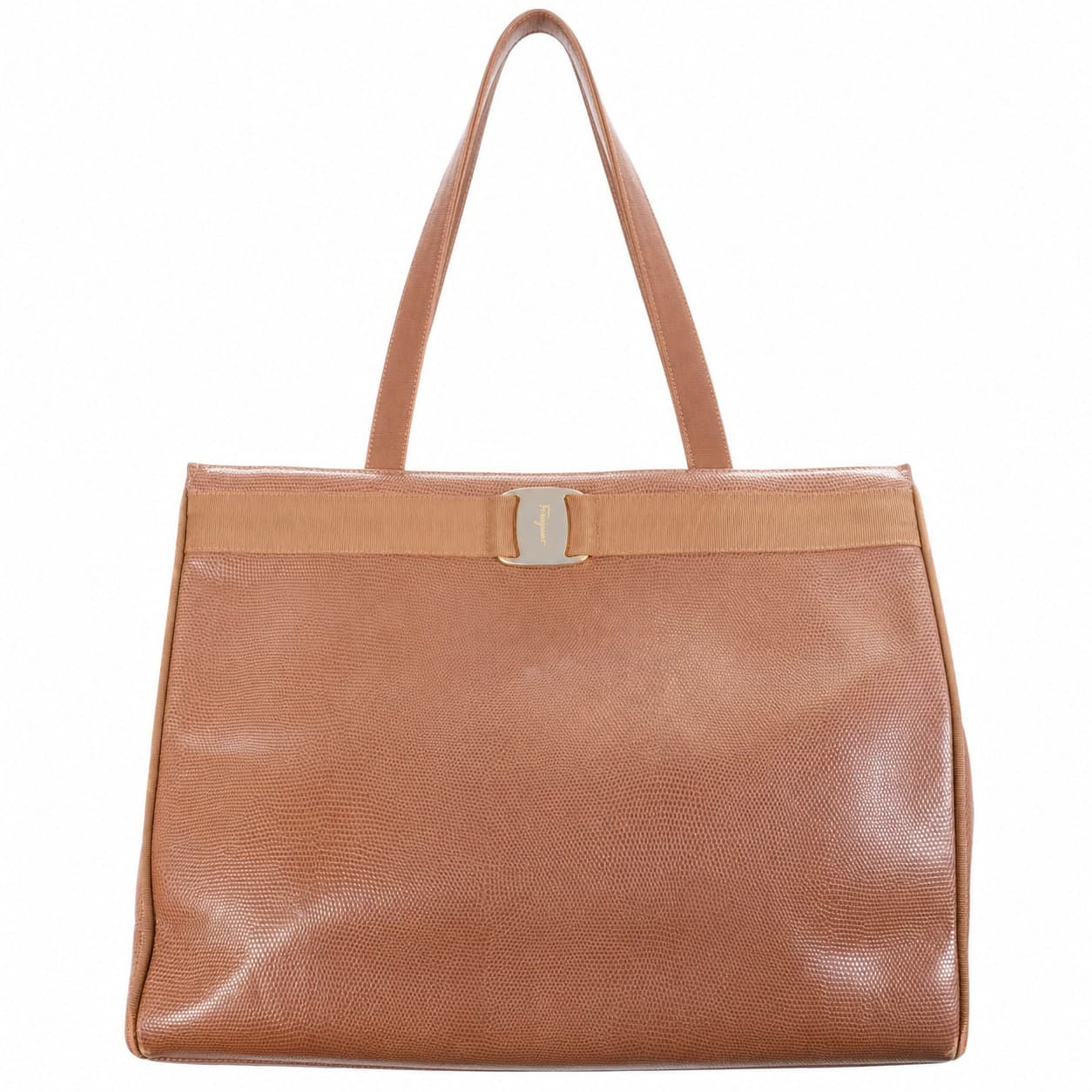 Salvatore Ferragamo Vara Bow Lizard Leather Shoulder Bag Handbag Purse Tote Tan Brown