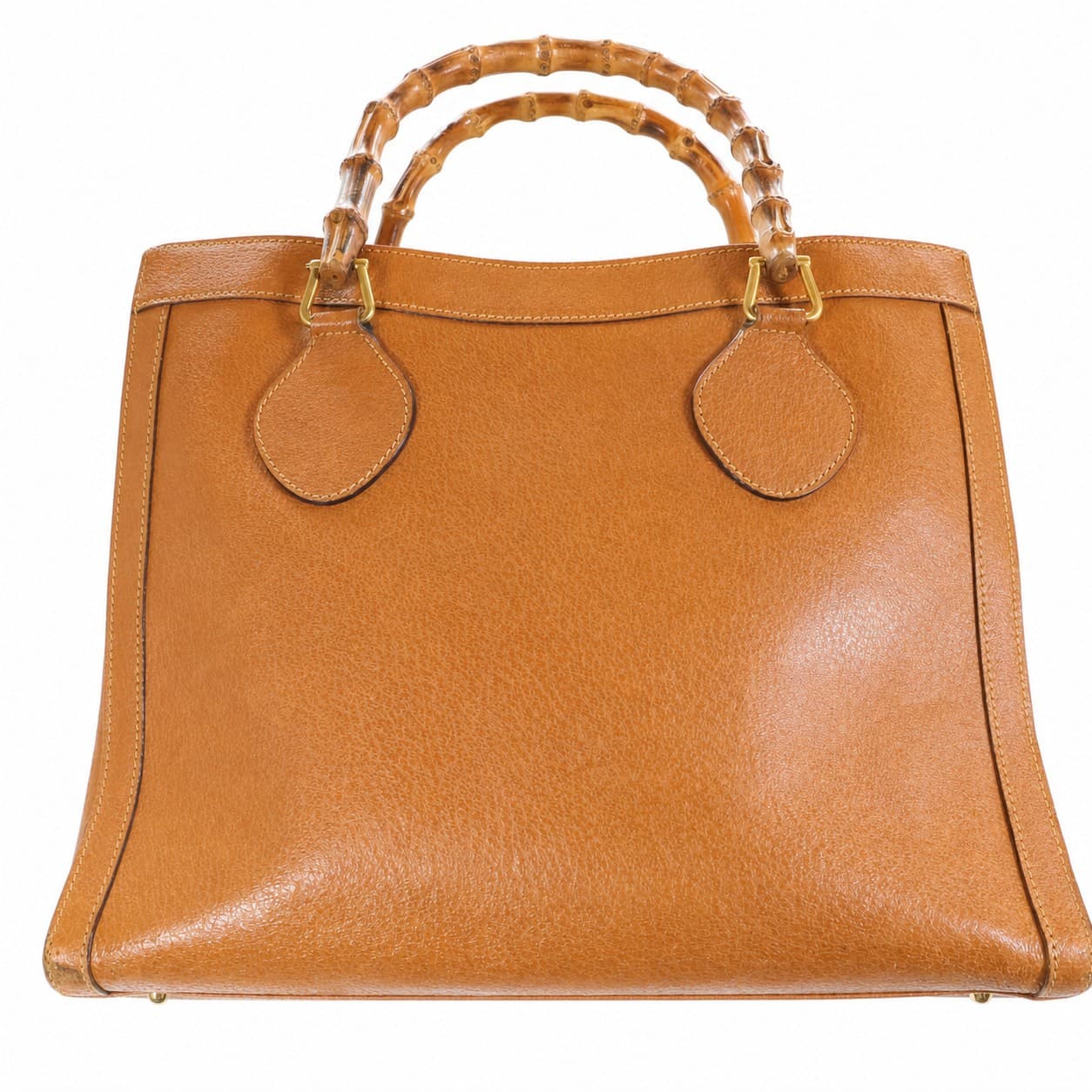 Gucci Bamboo Leather Handbag Purse Bag Top Handle Tan Cognac Brown Gold