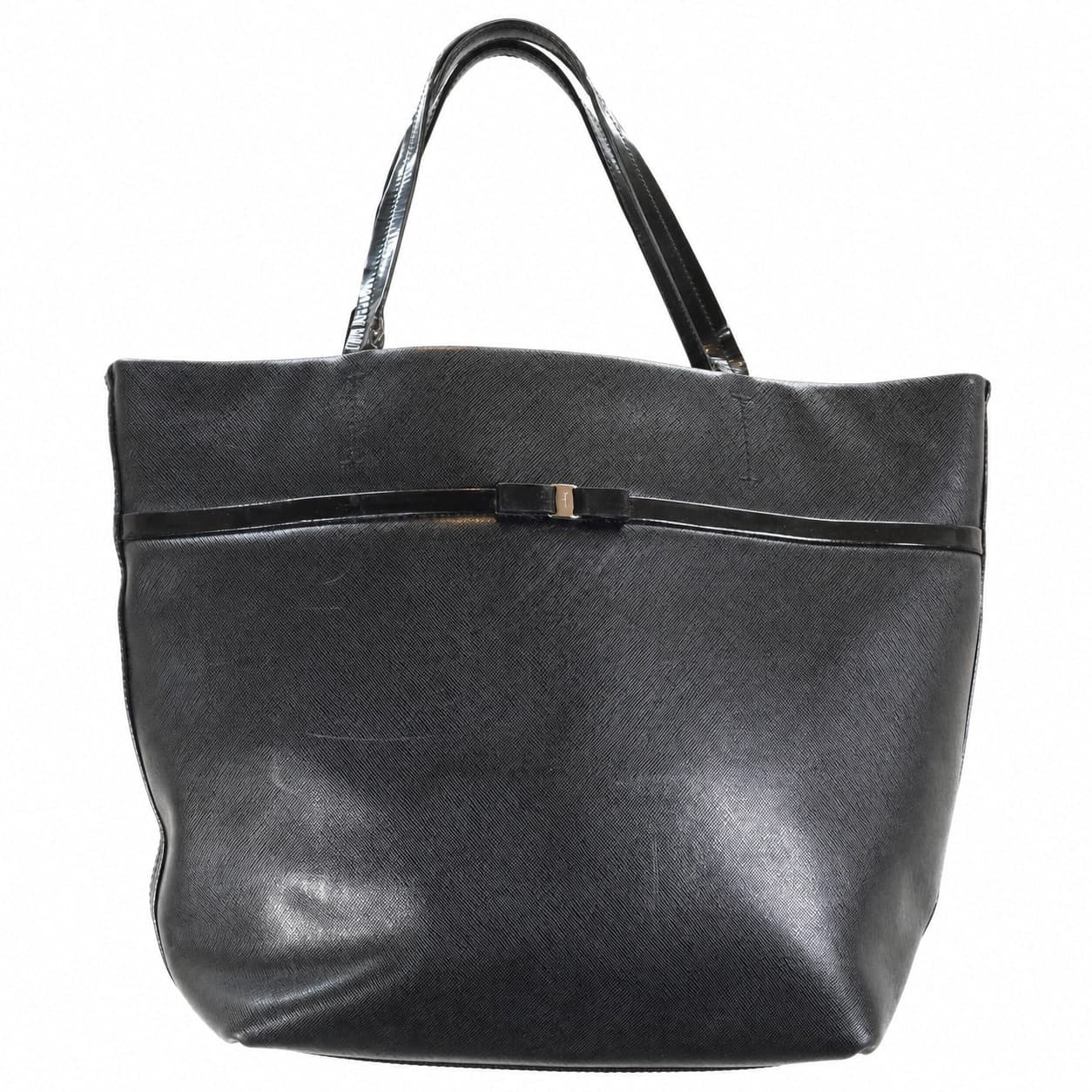Salvatore Ferragamo Black Saffiano Leather Bow Tote Bag Handbag Purse Shoulder