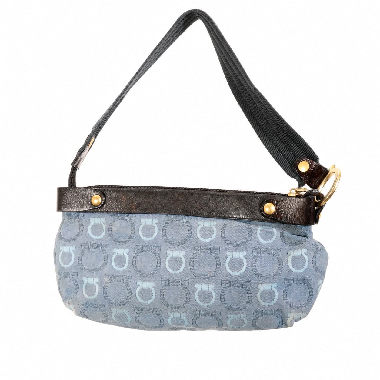 Salvatore Ferragamo Gancini Canvas Leather Shoulder Bag Handbag Purse Blue
