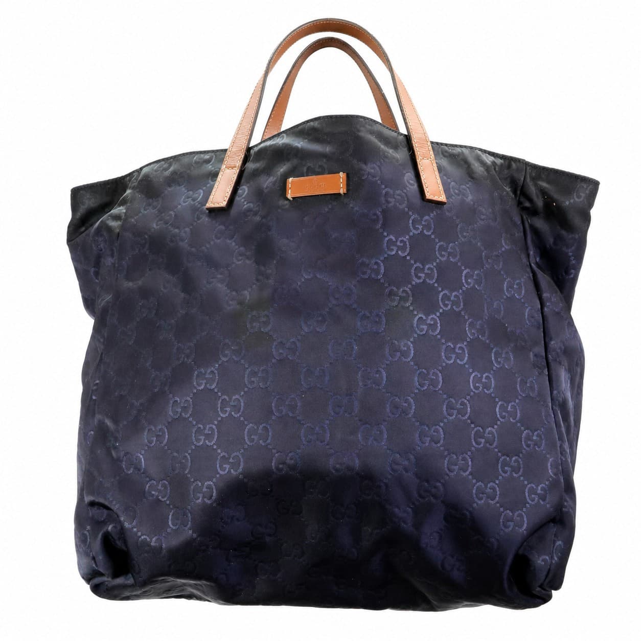 Gucci GG Nylon Canvas Tote Bag Handbag Navy Blue Leather Trim Large