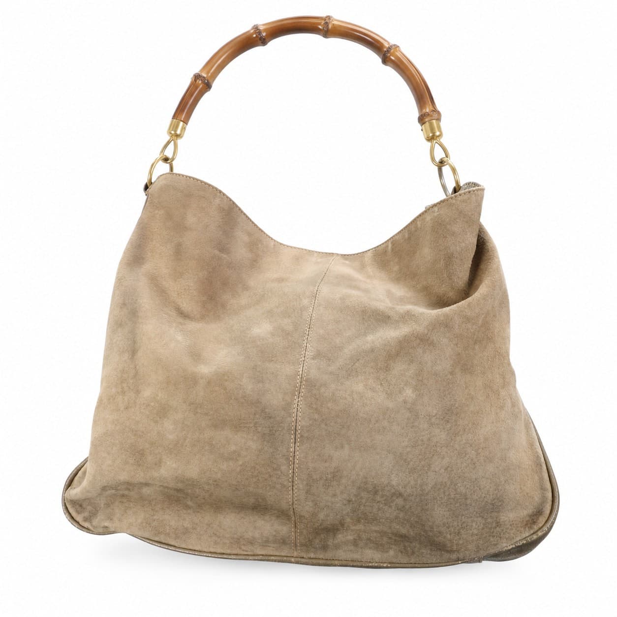 Gucci Bamboo Suede Leather Hobo Shoulder Bag Handbag Purse Tan Beige