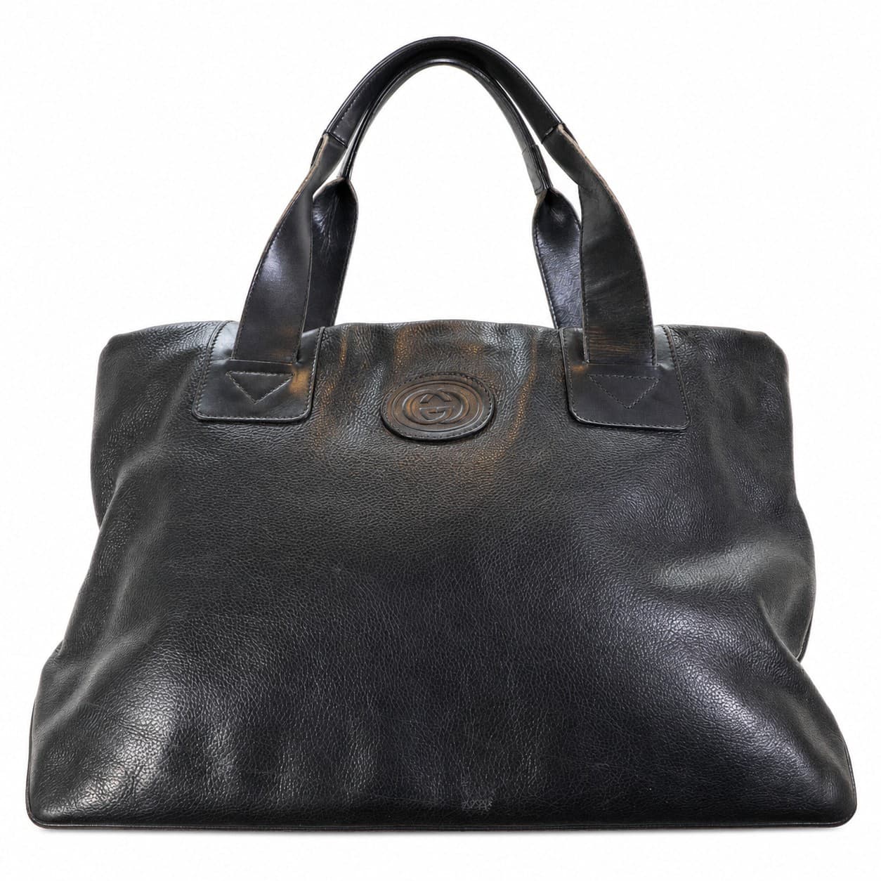 Gucci Black Leather Tote Handbag Purse Bag Top Handle Gold Hardware